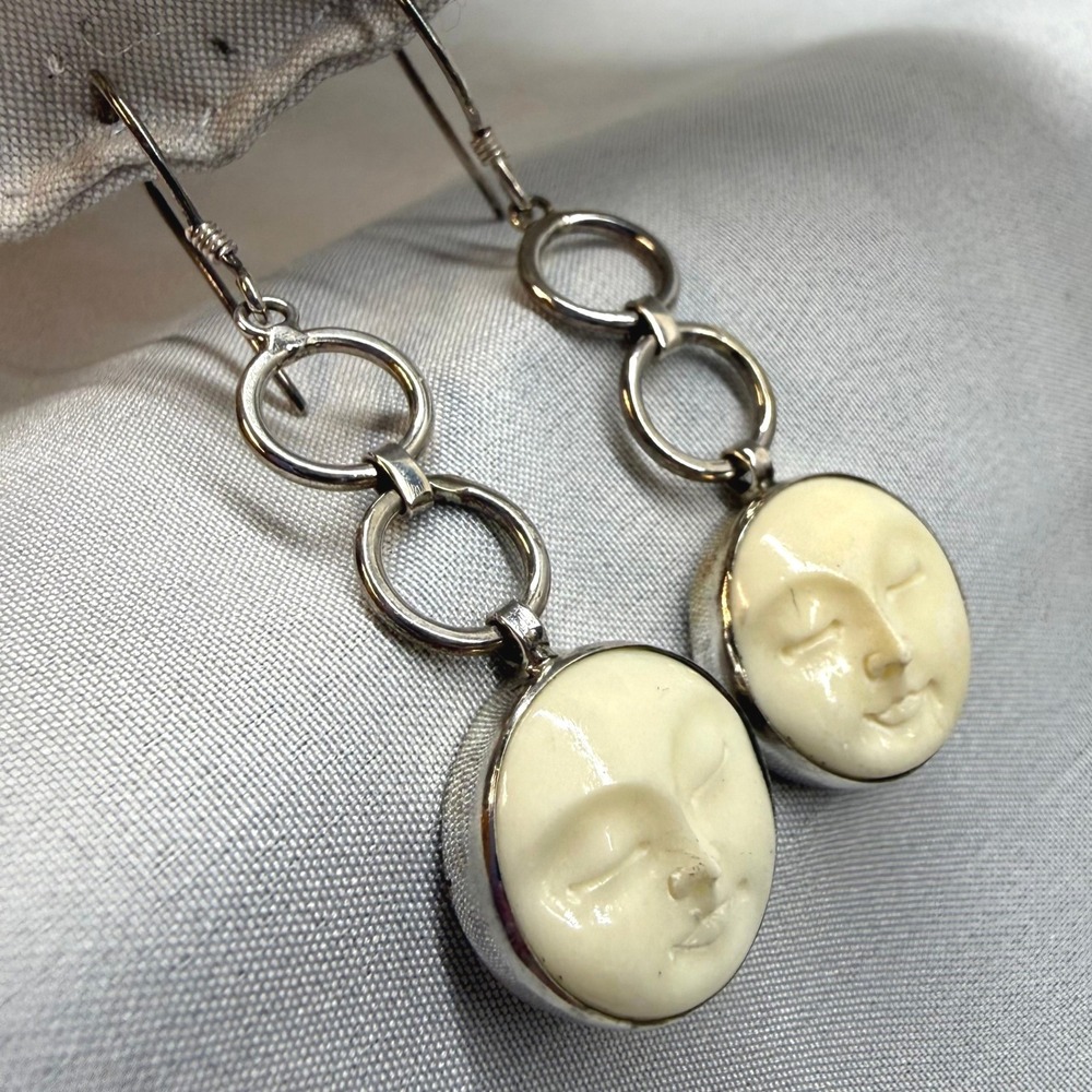 Unbranded Moon Face Earrings Women OS Cream Excellent Carved Bone Sterling 925